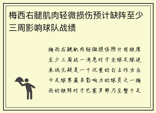 梅西右腿肌肉轻微损伤预计缺阵至少三周影响球队战绩