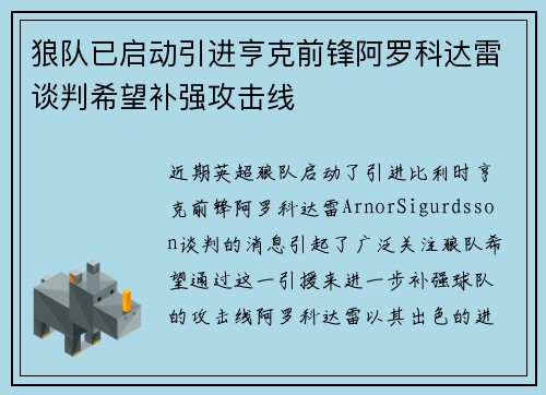 狼队已启动引进亨克前锋阿罗科达雷谈判希望补强攻击线