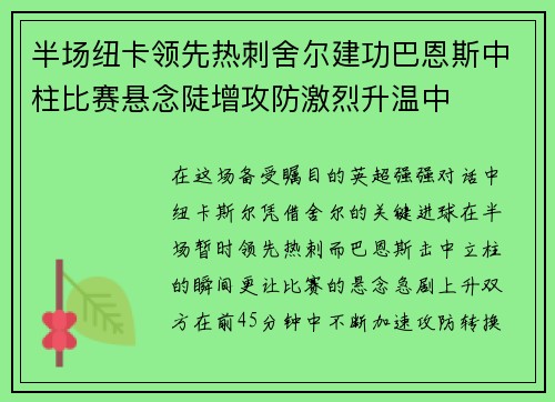 半场纽卡领先热刺舍尔建功巴恩斯中柱比赛悬念陡增攻防激烈升温中